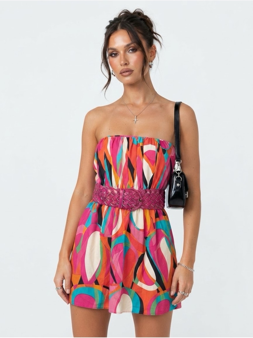 Y2K Strapless Multicolor Mini Dress with Waist Belt Size S